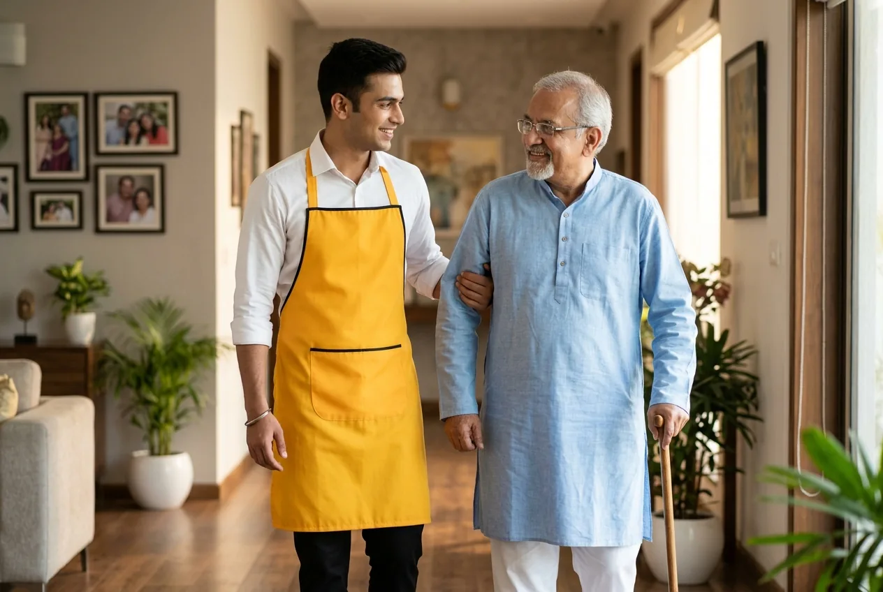 Maidvy elder care attendant in a yellow uniform gently supporting an elderly Indian gentleman as they walk together in a sunlit modern Indian home.