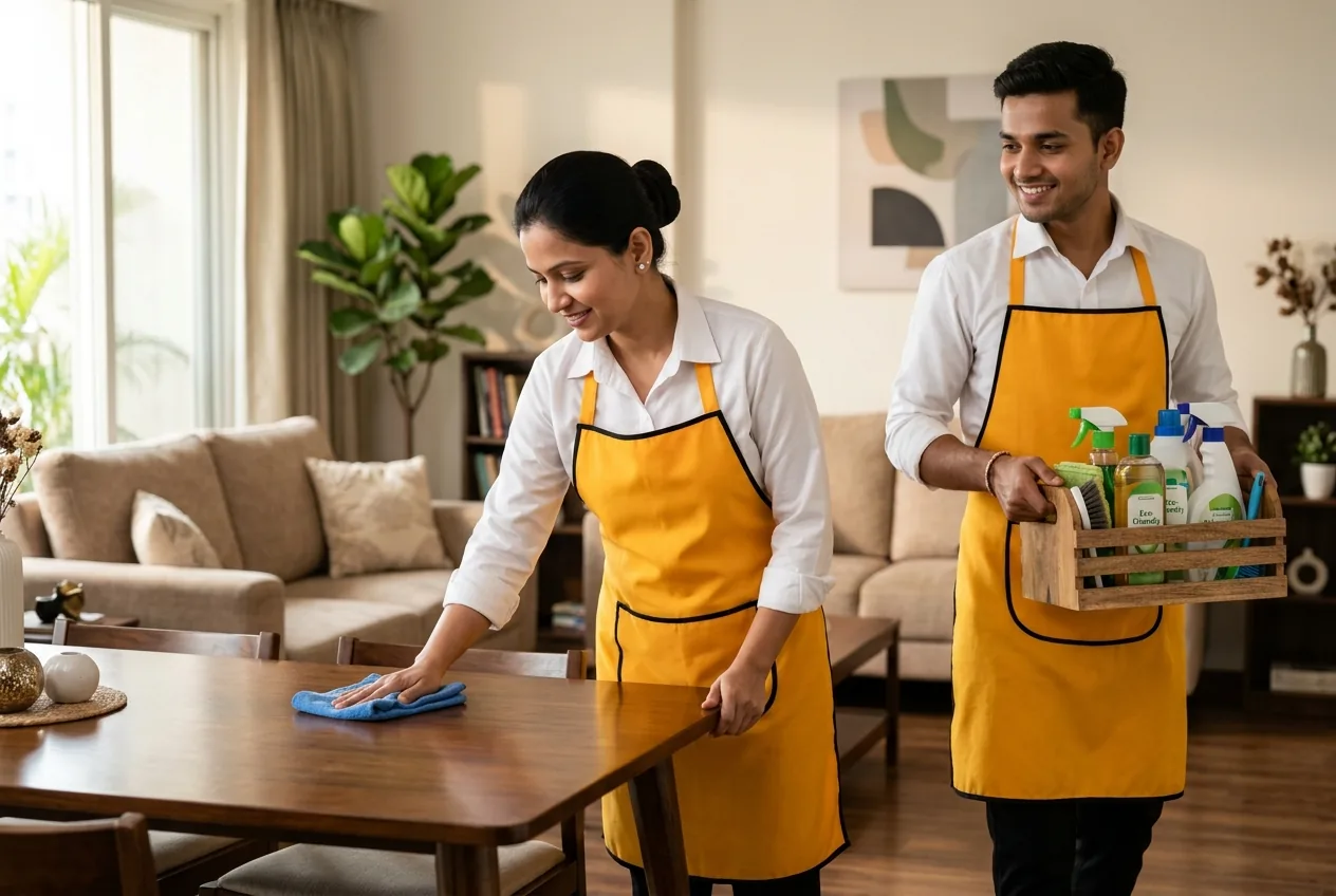 Maidvy housekeeping team in matching yellow uniforms deep-cleaning a modern Indian living room with eco-friendly supplies.