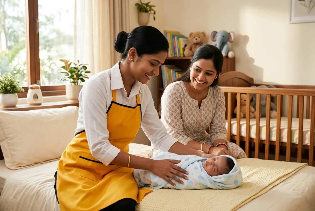 Maidvy Japa maid in a yellow uniform gently swaddling a newborn beside a smiling Indian mother in a sunlit modern nursery.