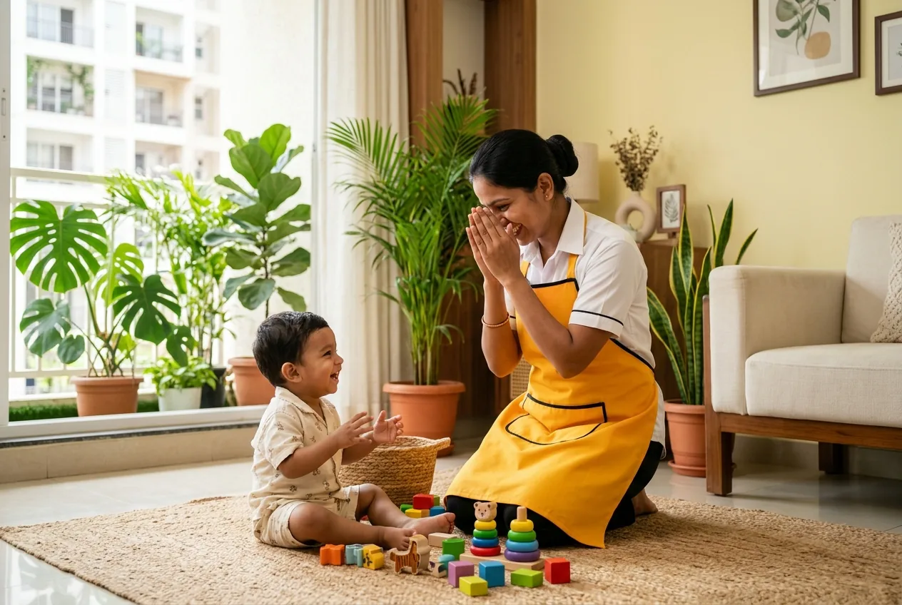 Maidvy nanny in a yellow uniform playing peek-a-boo with a joyful Indian toddler on a rug in a bright modern living room.