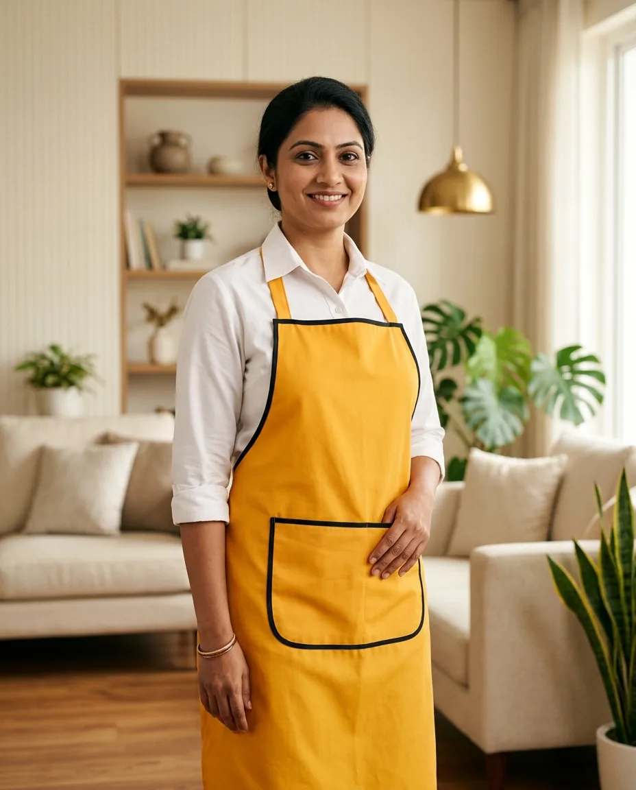 Smiling Maidvy helper in yellow apron uniform inside a modern Indian home